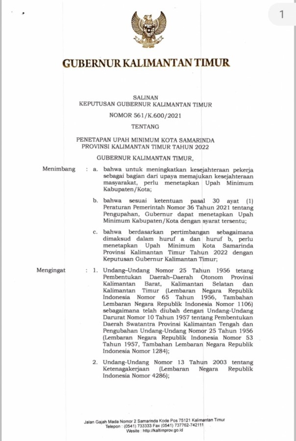 Penetapan Upah Minimum Kota Samarinda Tahun 2022  Rp 3.137.675,60