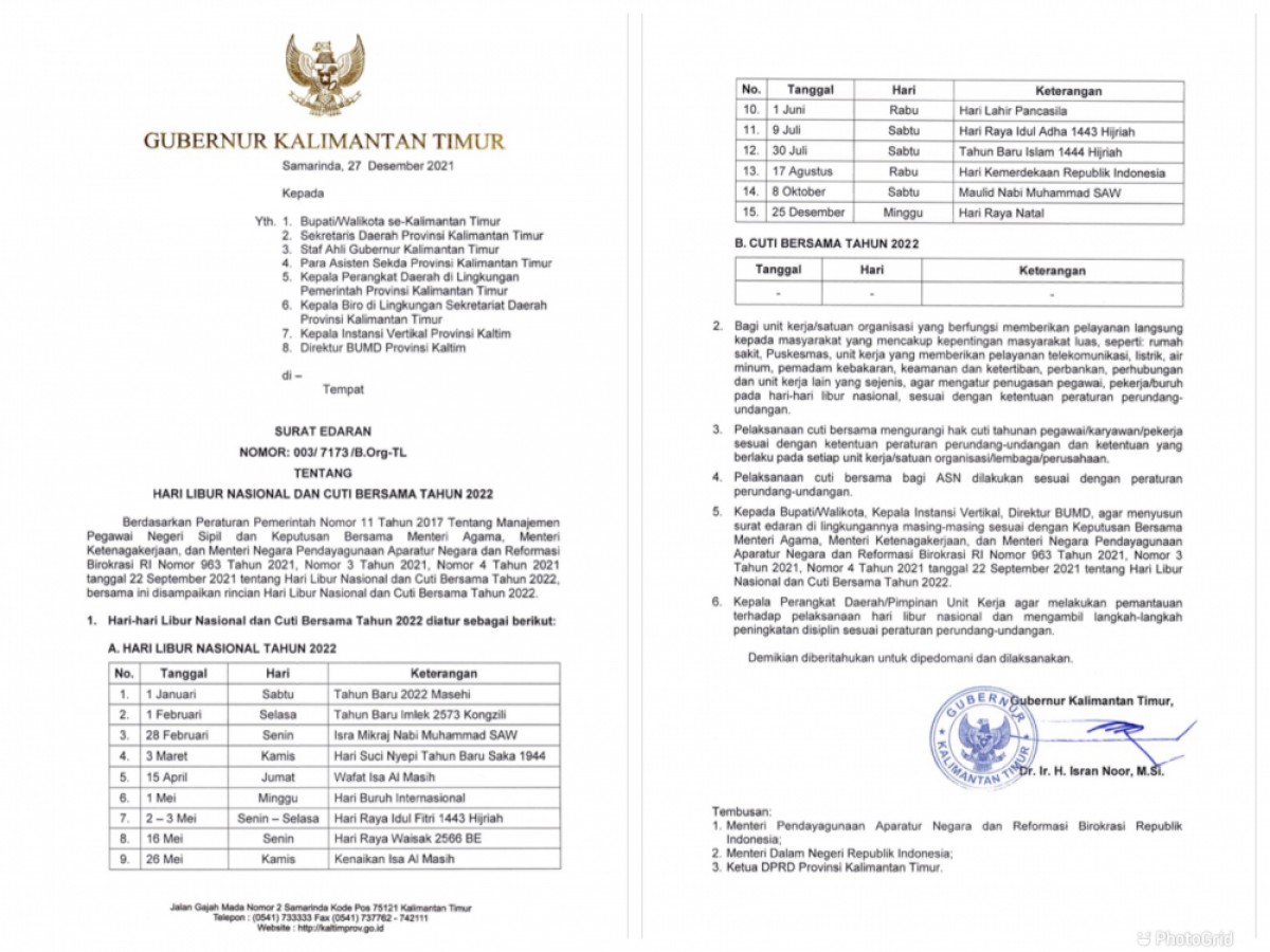 Gubernur Kaltim Keluarkan Edaran Tentang Libur Nasional dan Cuti Bersama 2022