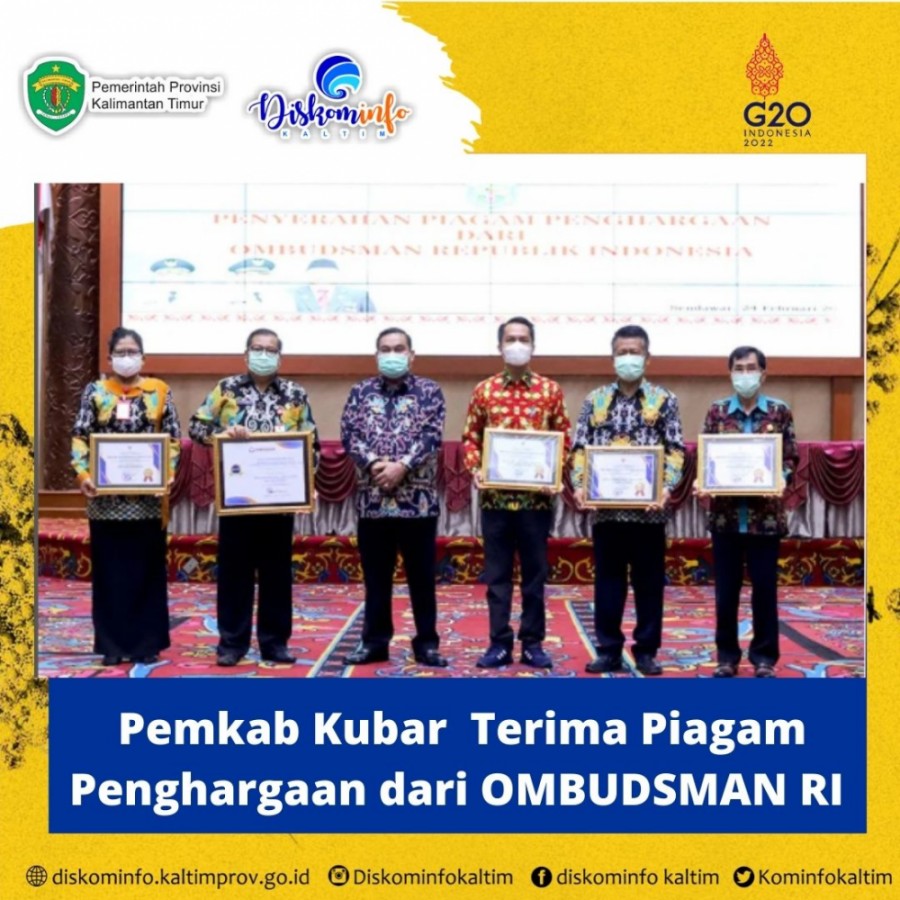 Pemkab Kubar Terima Piagam Penghargaan dari OMBUDSMAN RI