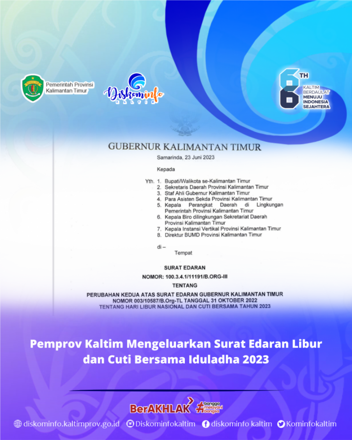 Pemprov Kaltim Mengeluarkan Surat Edaran Libur dan Cuti Bersama Iduladha 2023