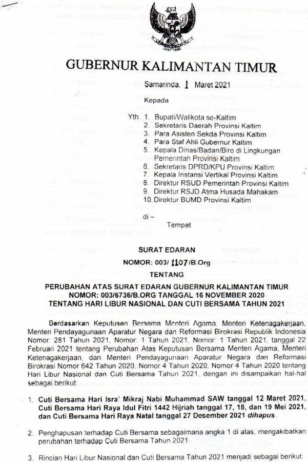 Surat Edaran Gubernur Kaltim Nomor : 003/1107/B.Org