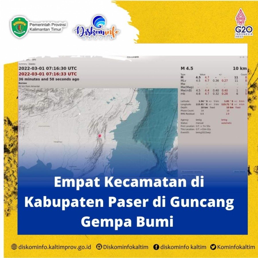 Empat Kecamatan di Kabupaten Paser di Guncang Gempa Bumi